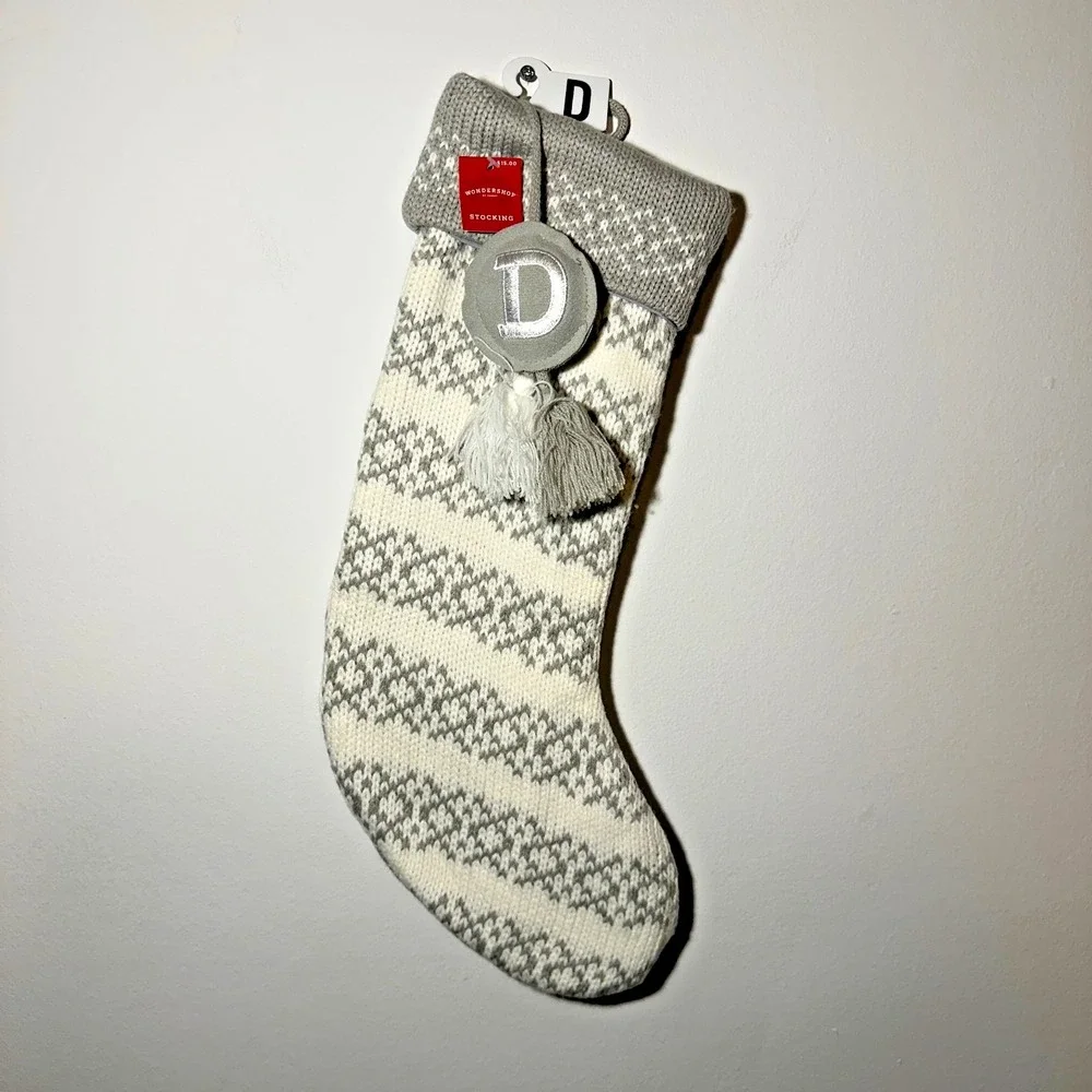 Wondershop Knit Monogram Christmas Stocking Letter D 19 Inch Gray White New